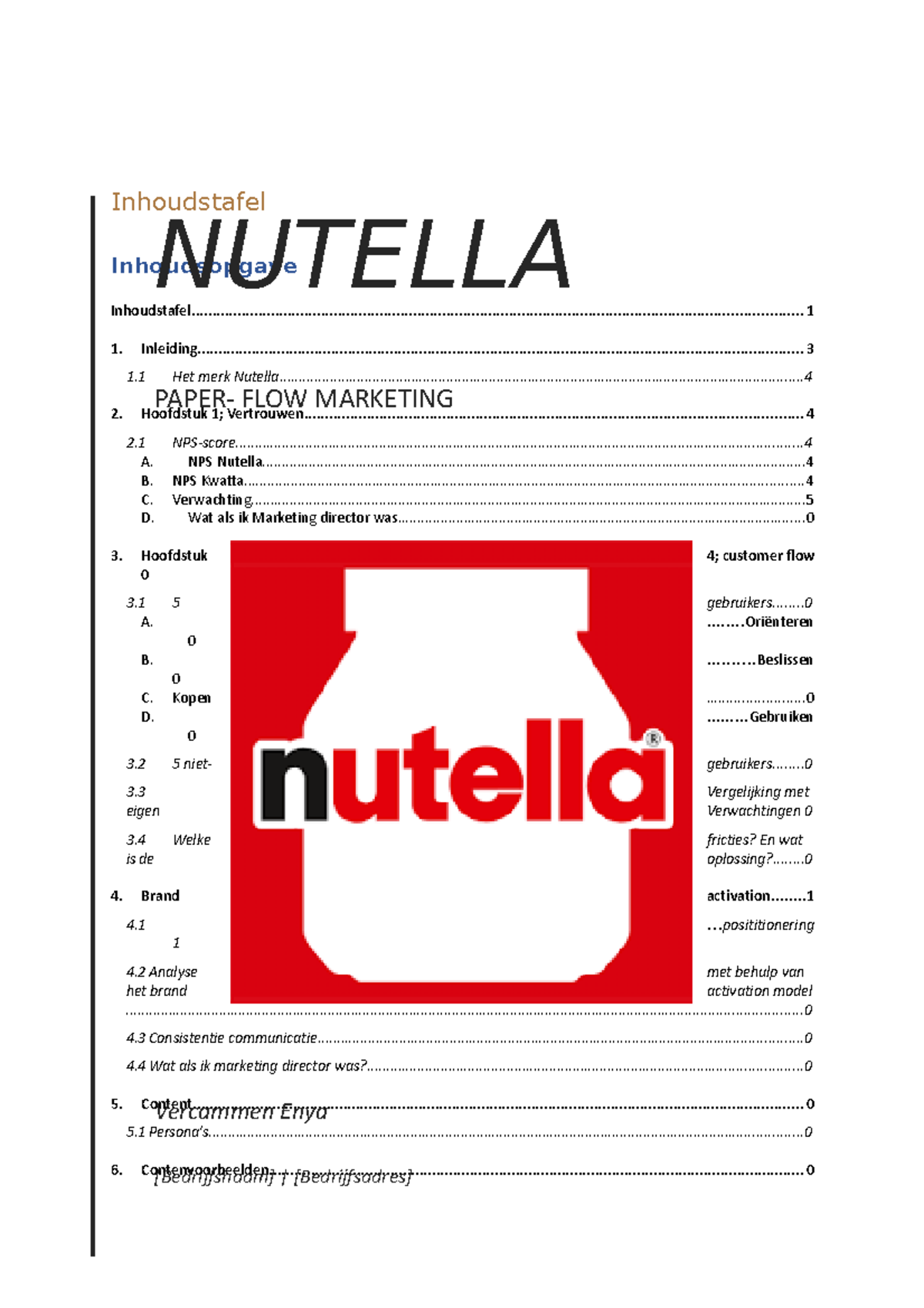 Paper Flow Marketing Nutella - Inhoudstafel Inhoudsopgave - Studocu