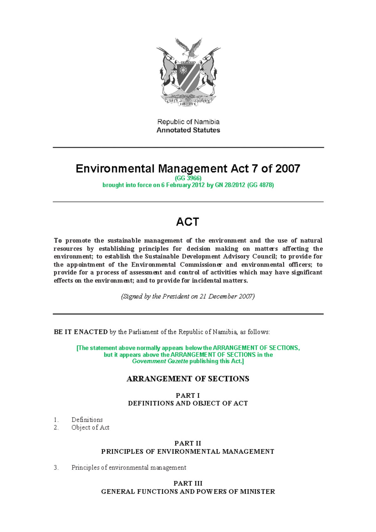 Environmental Management Act 7 of 2007 Environmental Management Act 7