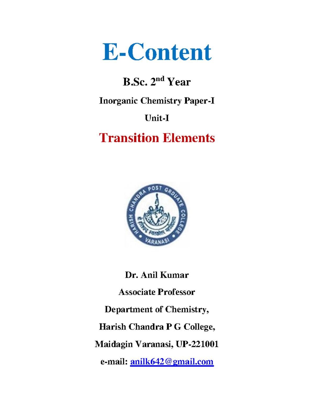 Transition Elements (B.SC-II) Inorganic Chemistry Paper-I - E-Content B ...