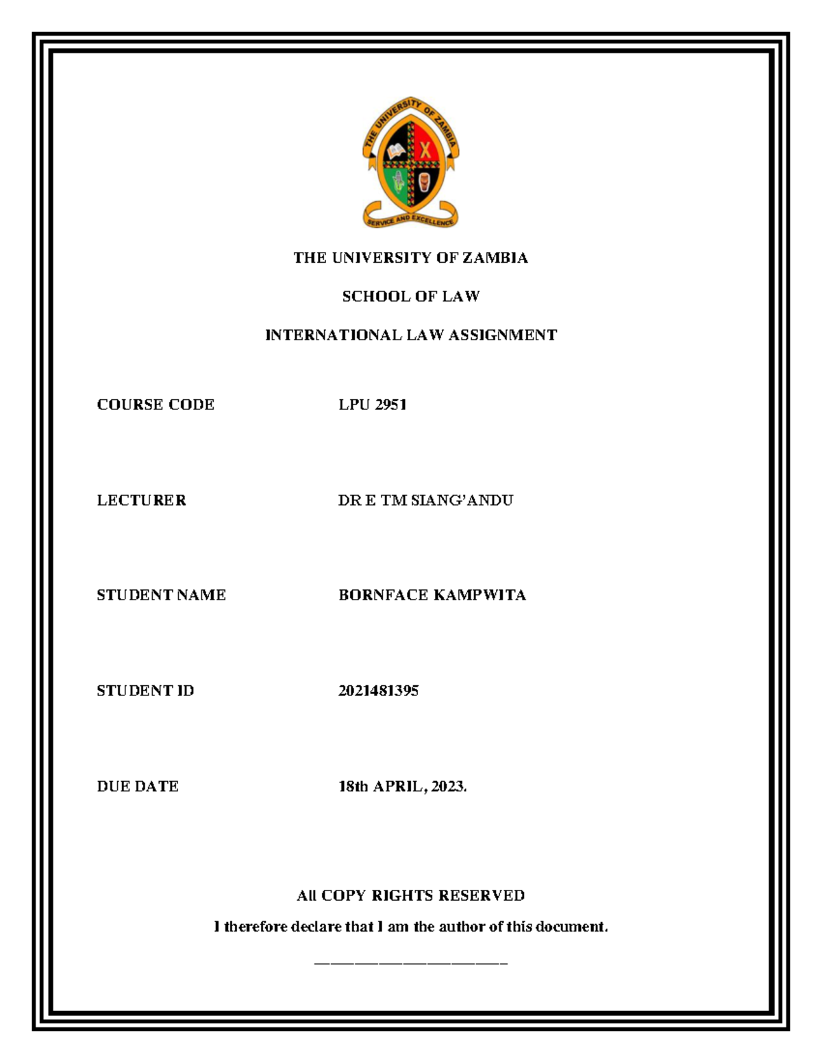 Bornface's Inter Assignment - THE UNIVERSITY OF ZAMBIA SCHOOL OF LAW ...