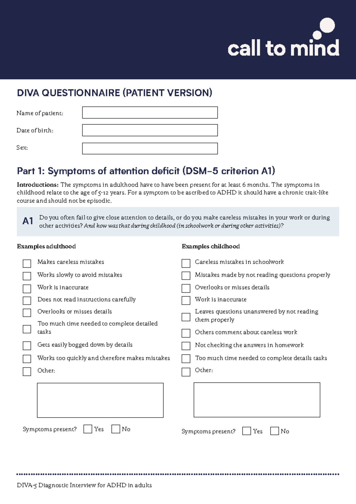 DIVA 5 Adult Patient Version - Part 1: Symptoms of attention deficit ...