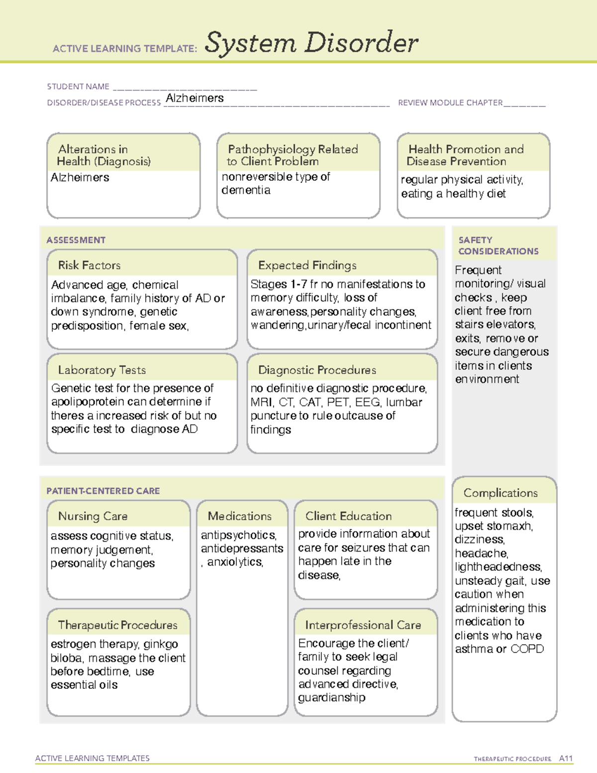 Alzheimers - Nursing homework for system disorders. This will help ...