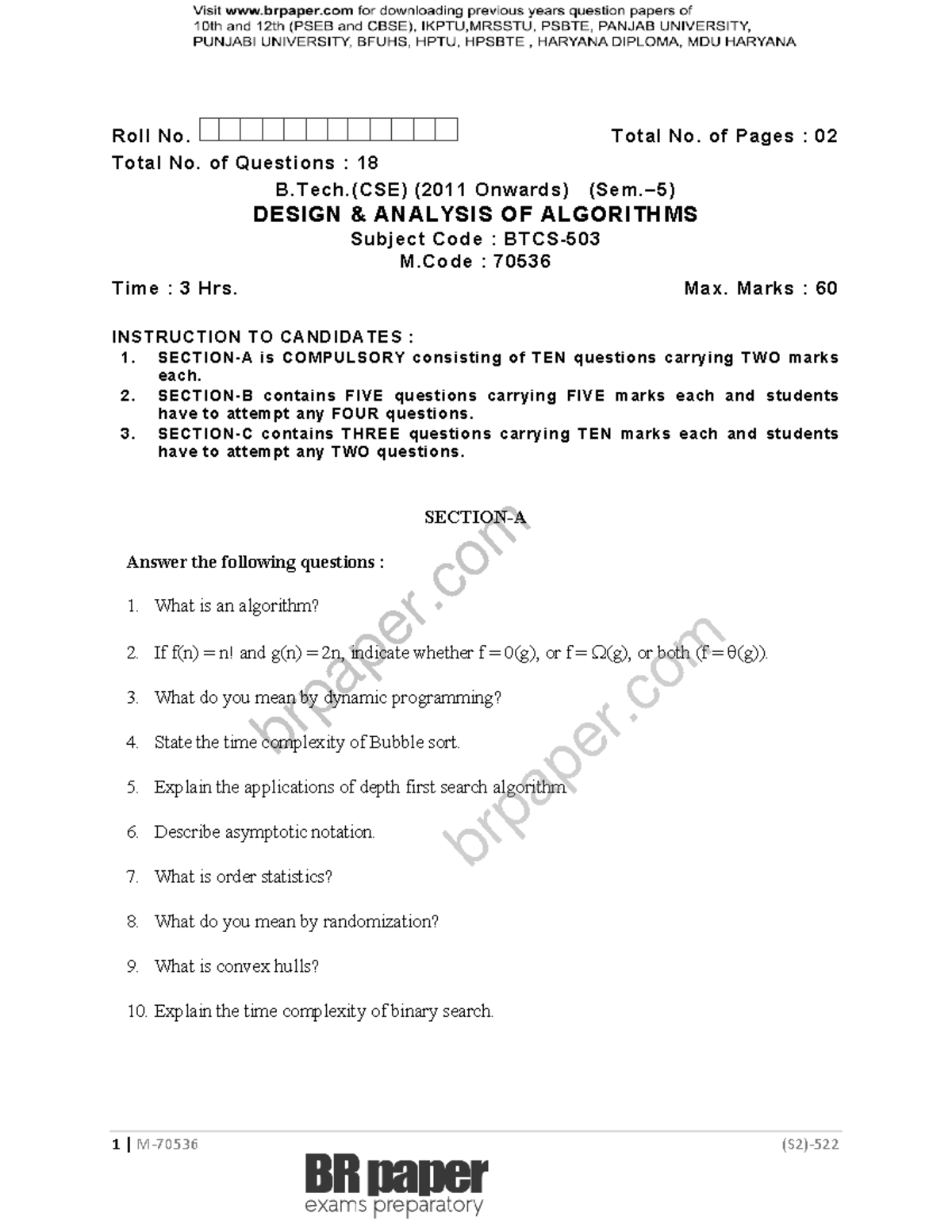 DAA(5th)May2019 - 1 | M- 70536 (S2)- 522 Roll No. Total No. of Pages ...