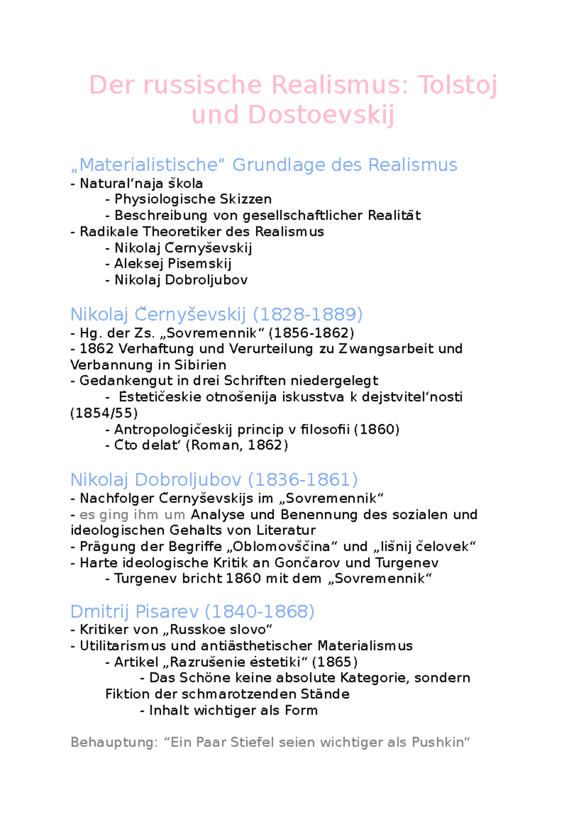 Der russische Realismus Tolstoj und Dostoevskij Der russische