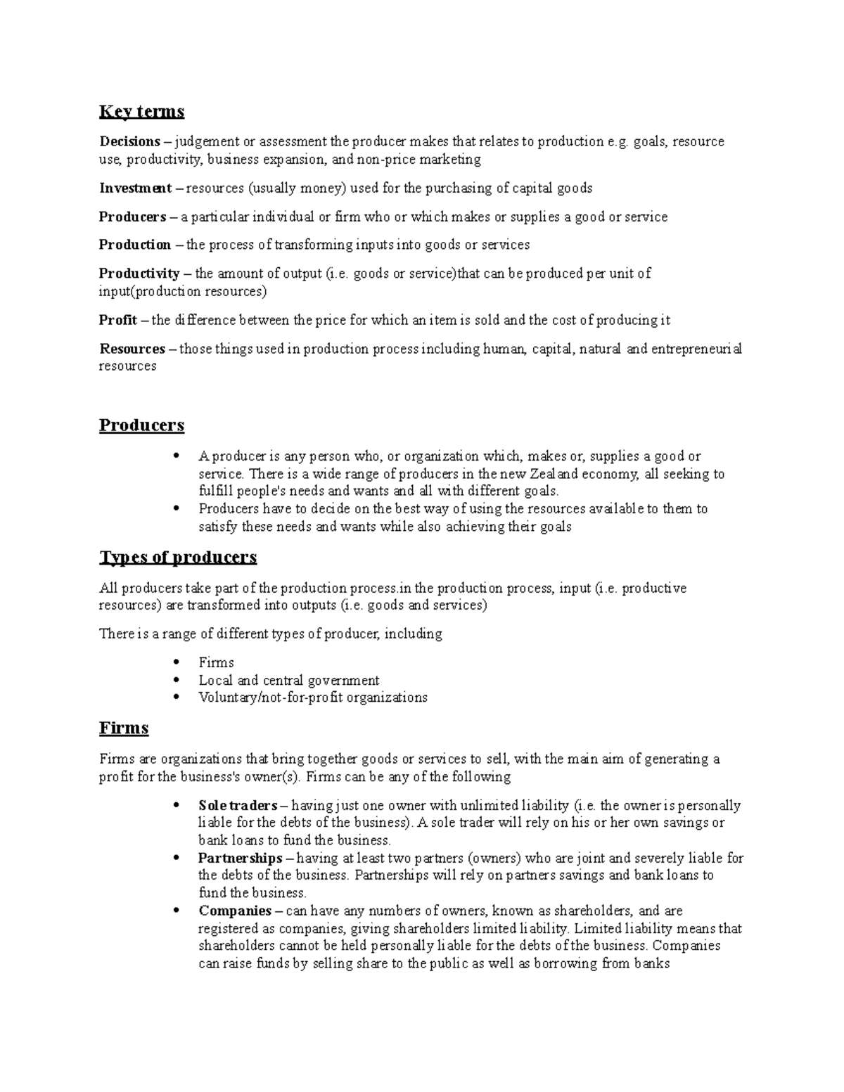 Economics producer decisions level 1 Key terms Decisions judgement or assessment the
