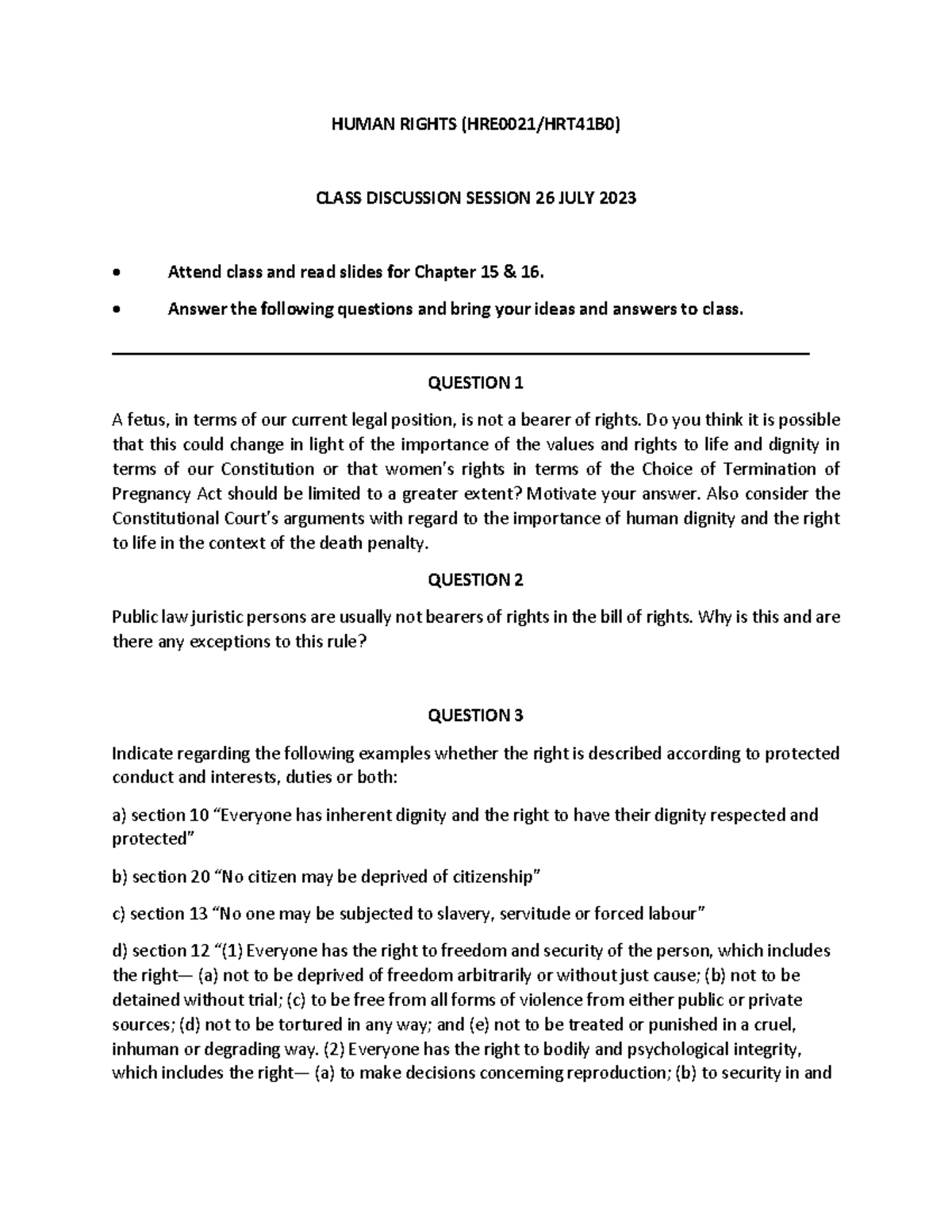 Chapter 15 and 16 Class discussion - HUMAN RIGHTS (HRE0021/HRT41B0 ...
