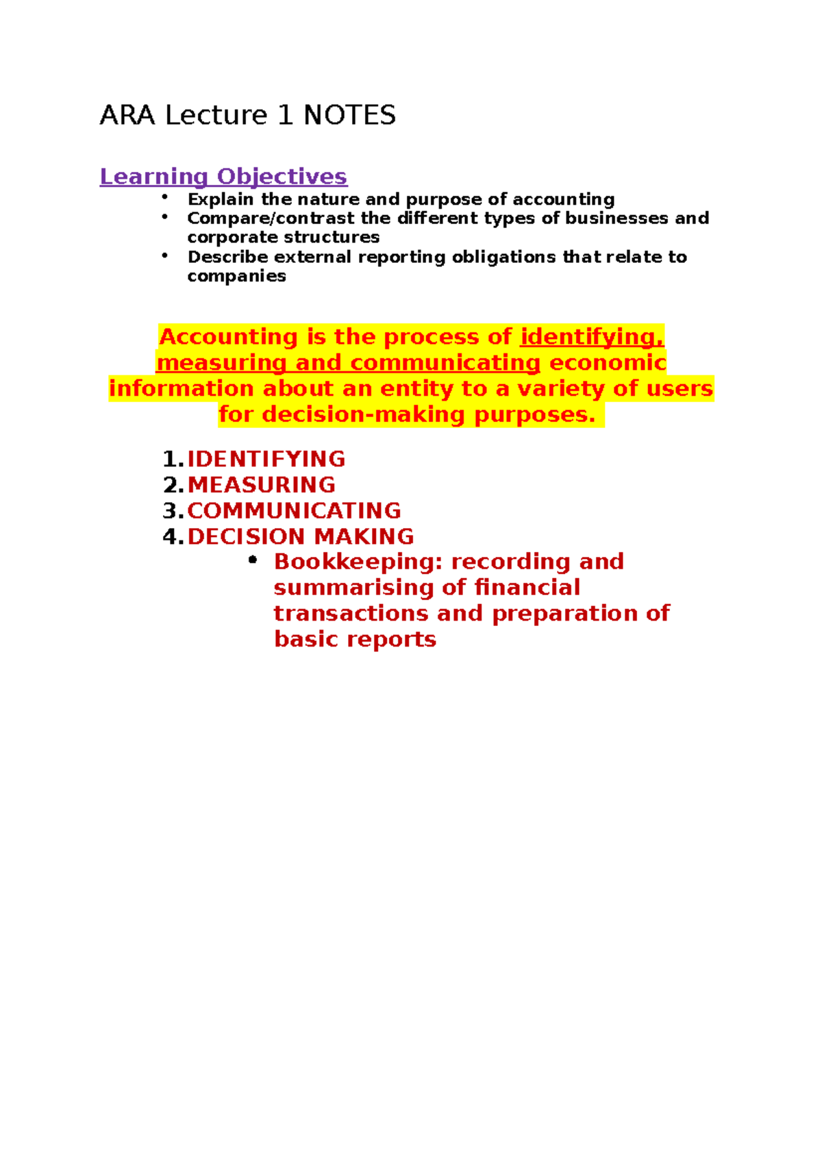 ARA Lecture 1 Notes - ARA Lecture 1 NOTES Learning Objectives Explain ...