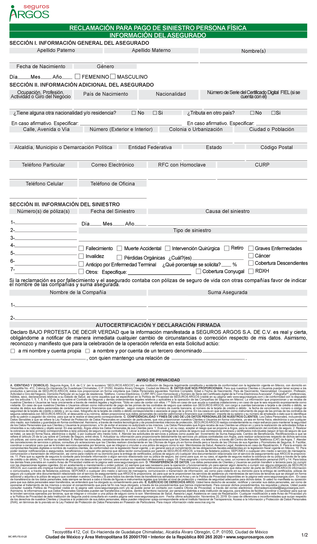 Reclamacion para Pago de siniestros Persona Fisica 0319 MCRPSFIS0120 1/ SECCIÓN I