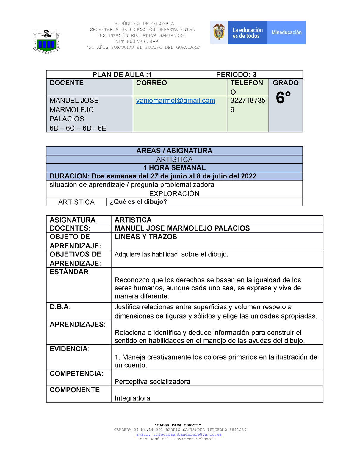 Plan De Aula 1 Tercer Periodo Artistica Grado Sexto SecretarÍa De EducaciÓn Departamental 2899