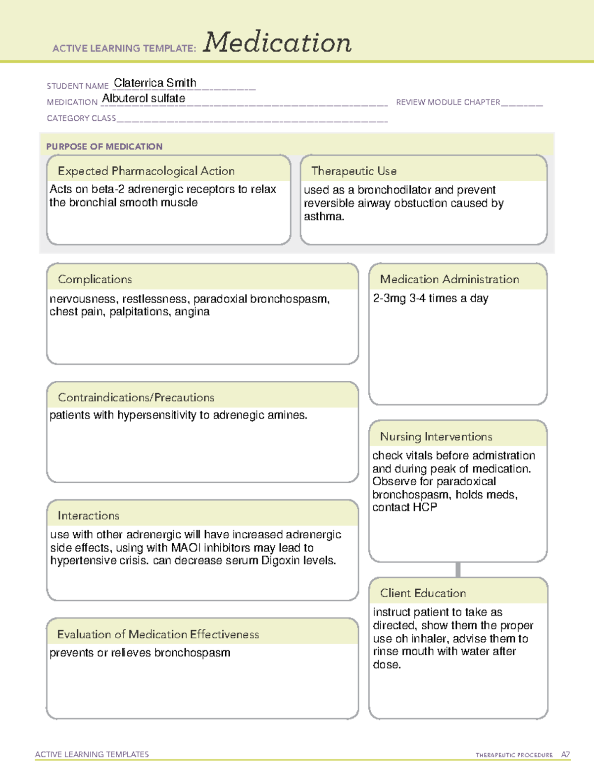 Medication - Med Card - Active Learning Templates Therapeutic Procedure 