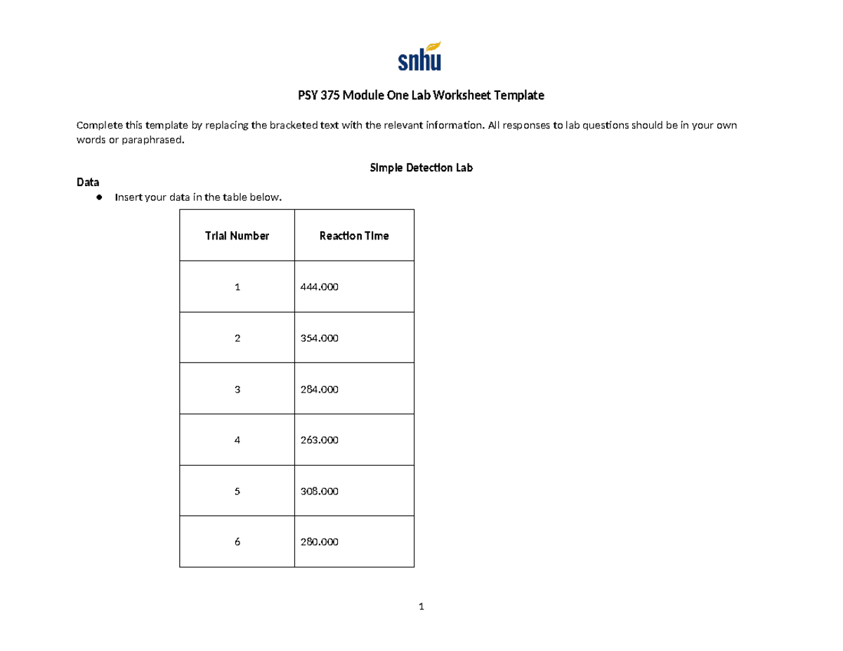 PSY 375 Module One Lab Worksheet Template - PSY 375 Module One Lab ...