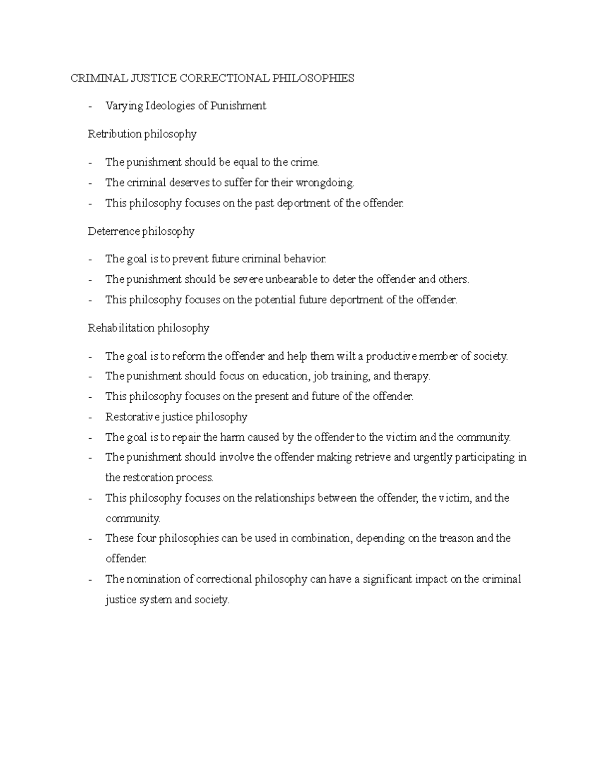 Criminal Justice Correctional Philosophies Notes 1 - CRIMINAL JUSTICE ...