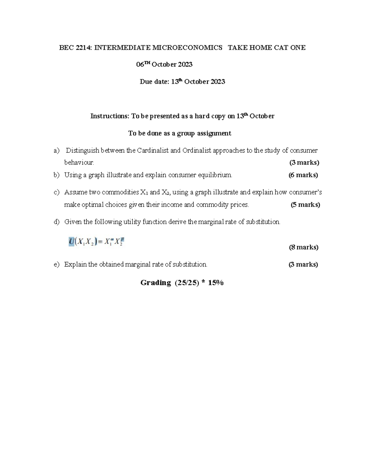 Intermediate Microeconomics Assignment ONE - BEC 2214: INTERMEDIATE ...