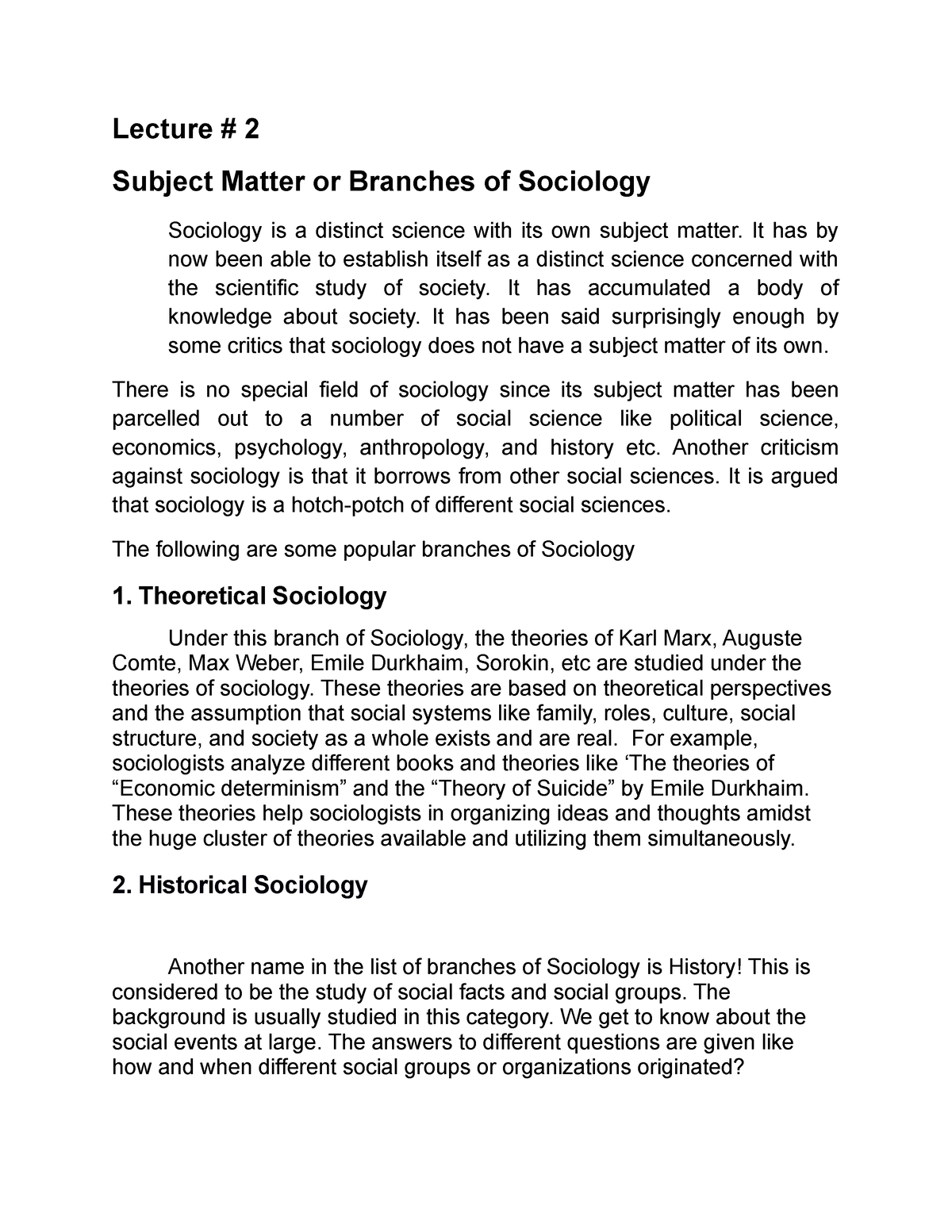 W-1-2- Branches OF Sociology - Lecture # 2 Subject Matter Or Branches ...