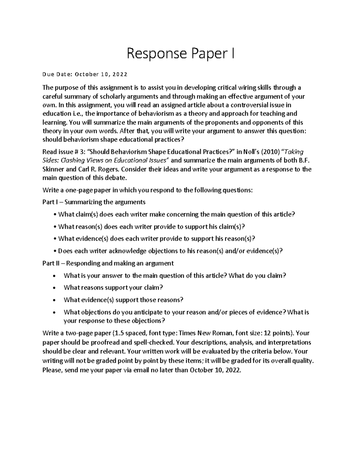 Response Paper I - useful material - Response Paper I Due Date: October ...