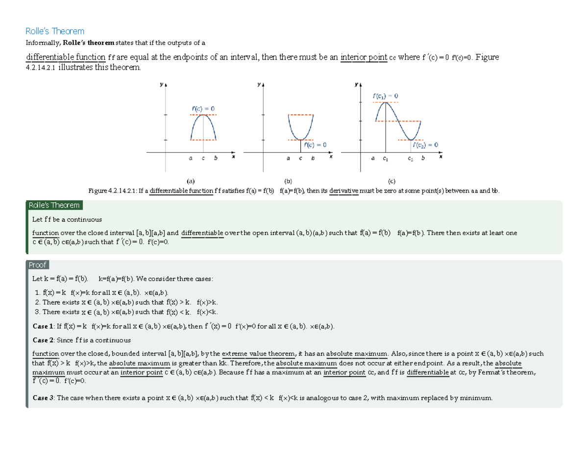 4.2 The Mean Value Theorem - Mathematics Libre Texts - Rolle’s Theorem ...