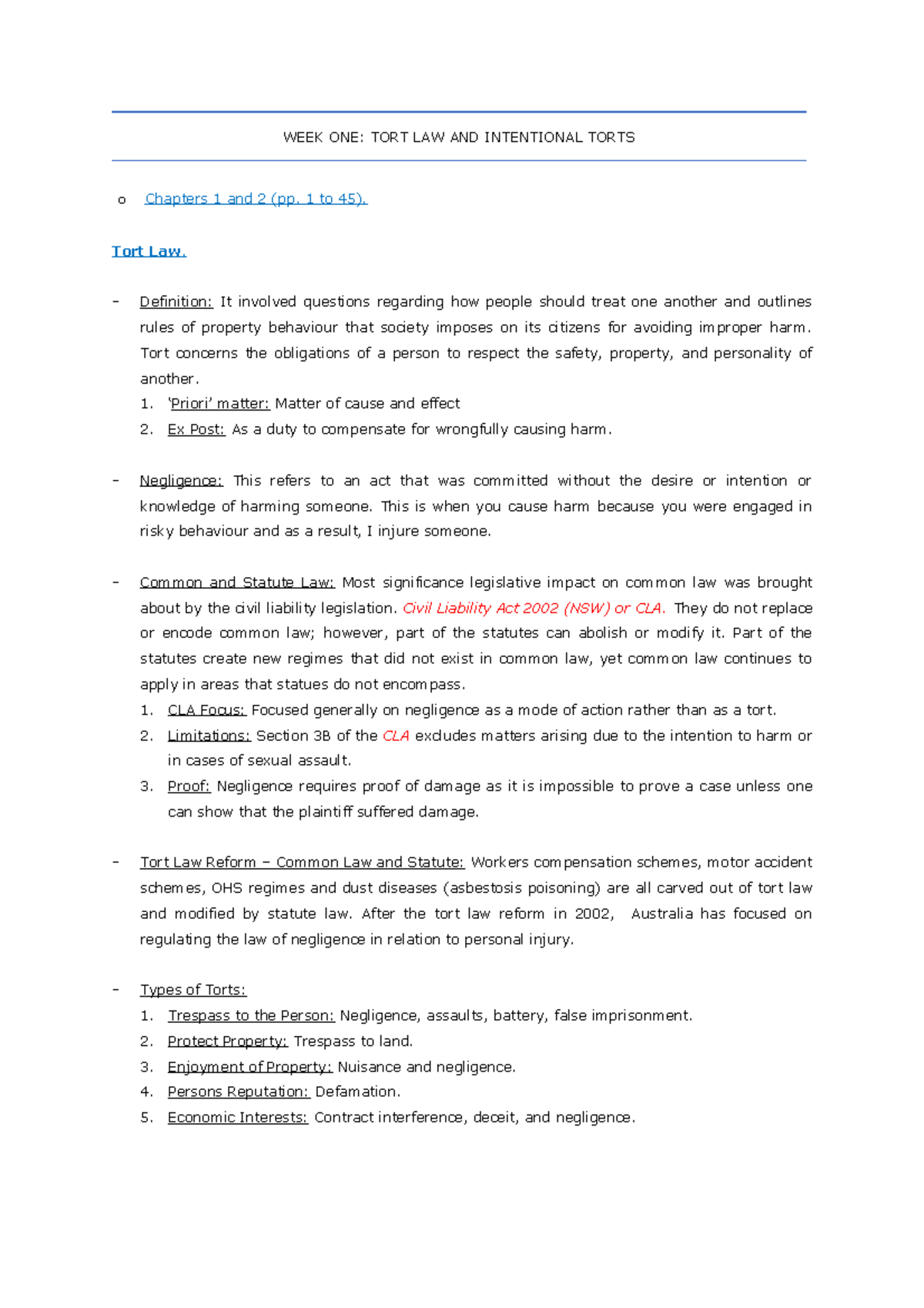 Tort Law Lecture Notes - Week One - WEEK ONE: TORT LAW AND INTENTIONAL ...