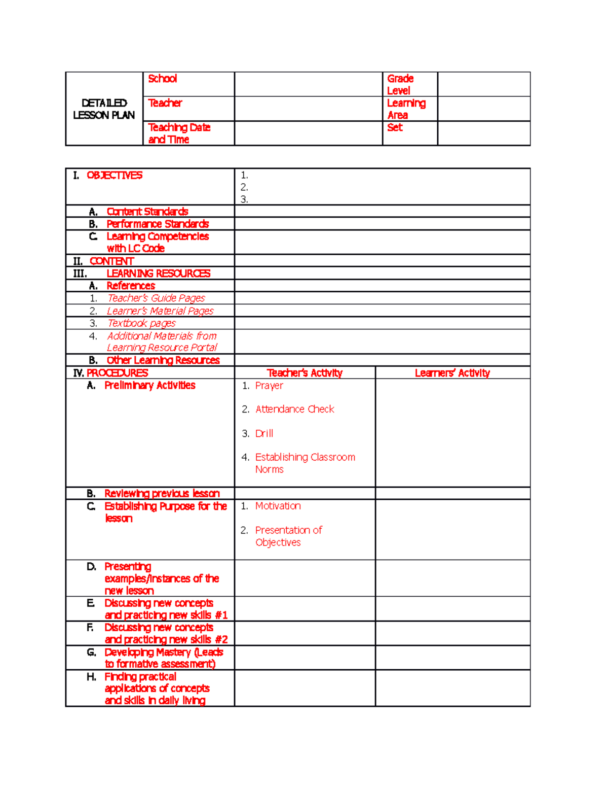 Detailed Lesson PLAN Format - DETAILED LESSON PLAN School Grade Level ...