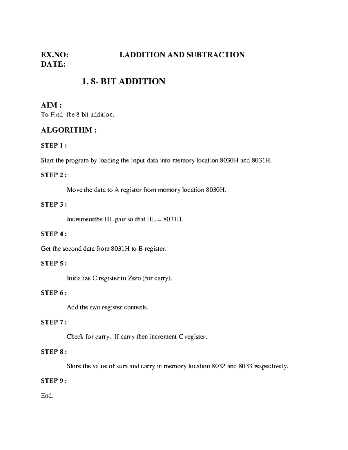 CO Labbb - practical notes - EX: I AND SUBTRACTION DATE: 1. 8- BIT ...