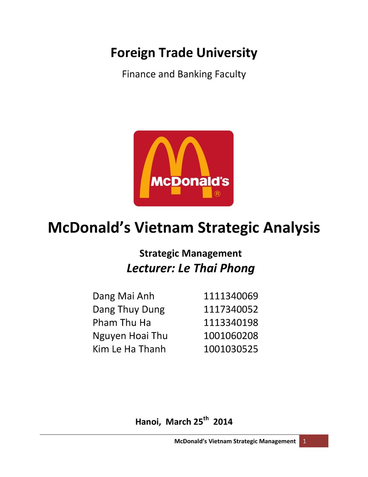 Mc Donalds Vietnam Strategic Analysis - Foreign Trade University Finance  and Banking Faculty - Studocu