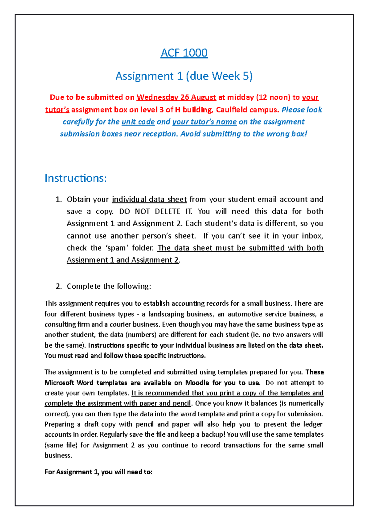 ACF1000 Assignment 1 instructions sem2 2015 - ACF 1000 Assignment 1 ...