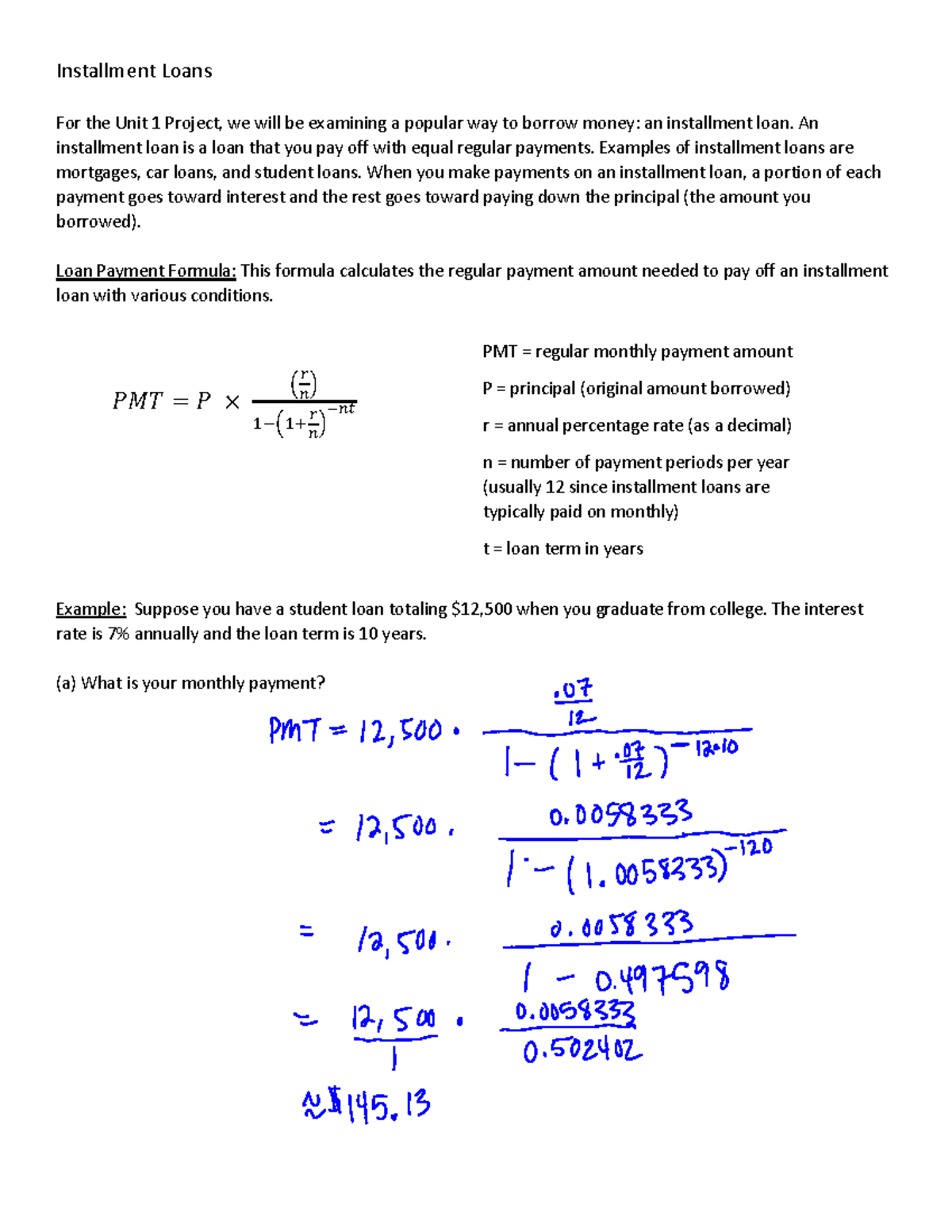 M119 Installment loan notes 11AM class - Installment Loans For the Unit ...