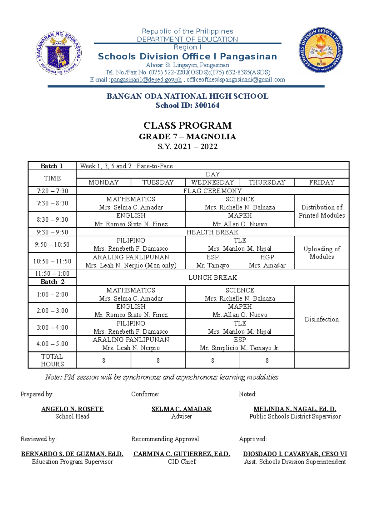 Sample Class- Program-GR-7 - Republic of the Philippines DEPARTMENT OF ...
