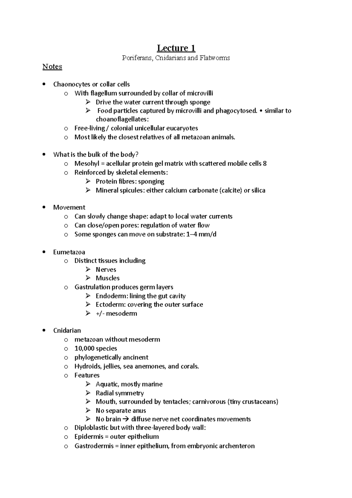 Cellular notes 2 - Lecture 1 Poriferans, Cnidarians and Flatworms Notes ...