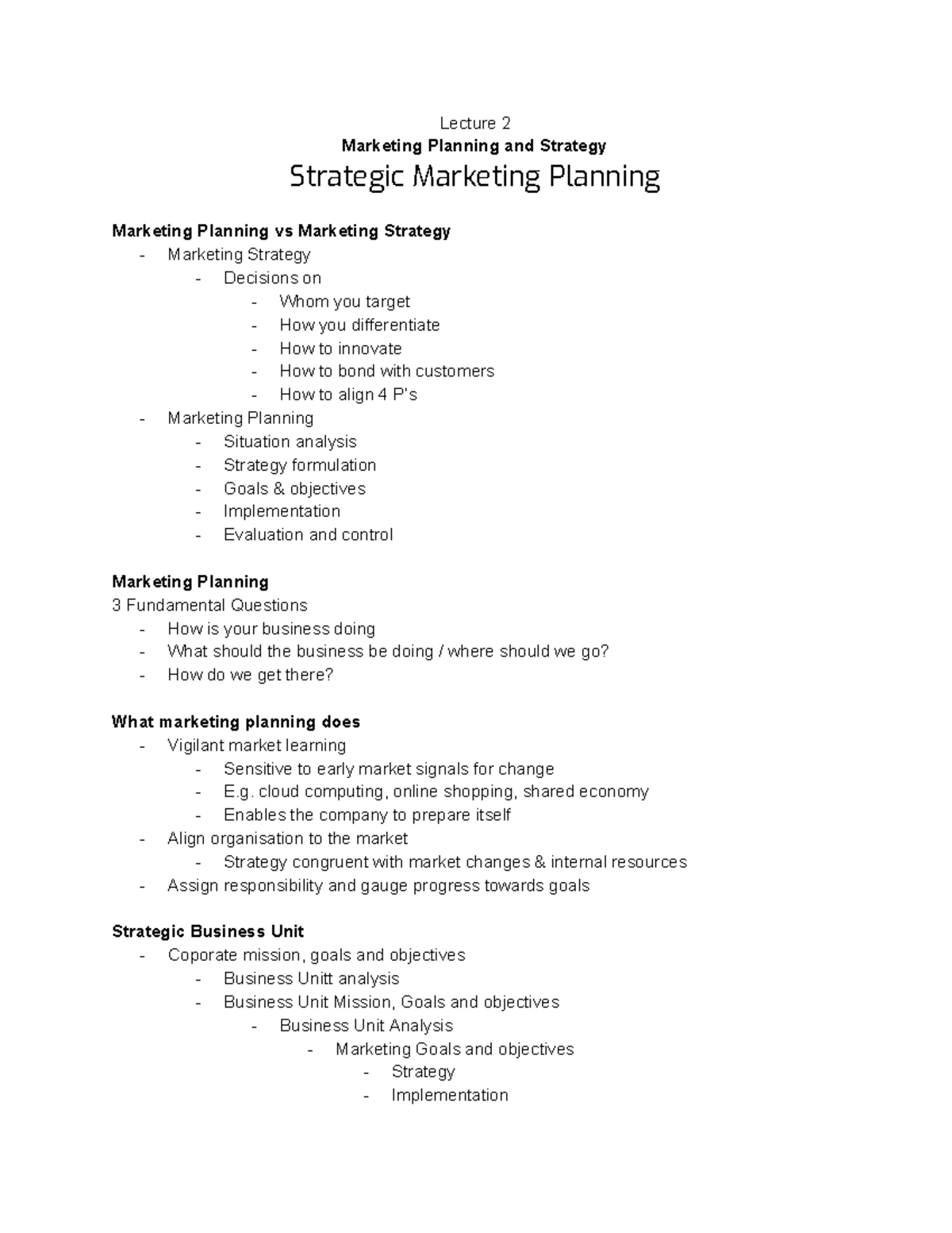 Lecture 2 - Strategic Marketing Planning - Lecture 2 Marketing Planning ...