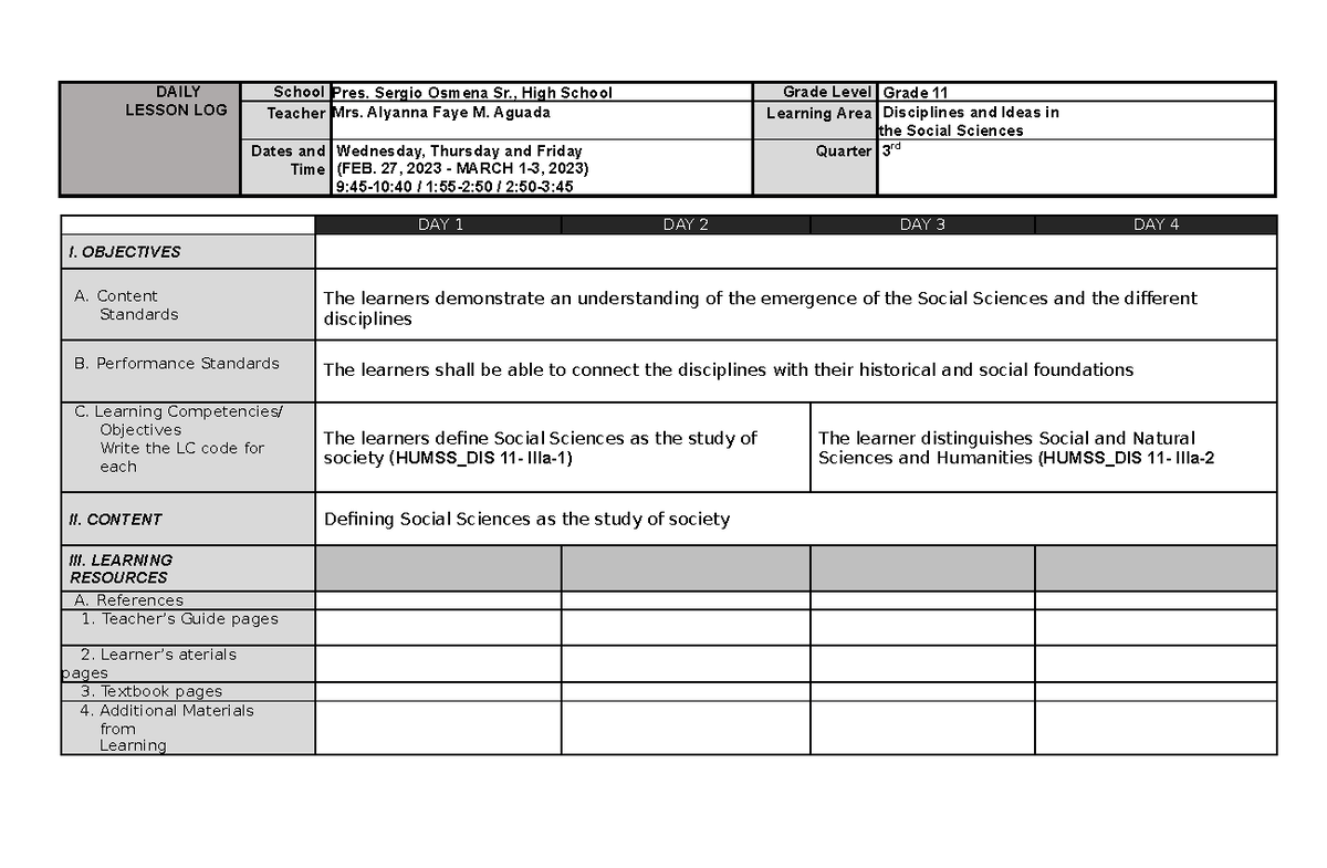 Daily- Lesson-LOG Meneses - DAILY LESSON LOG School Pres. Sergio Osmena ...