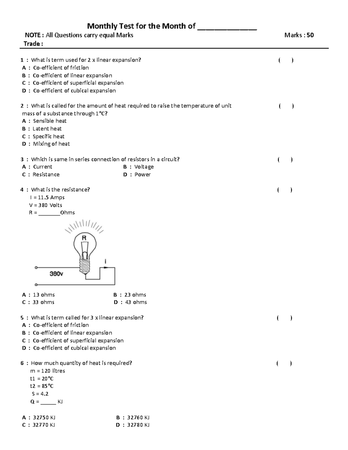 1ST YEAR 5TH Monthly TEST - Monthly Test for the Month of ...