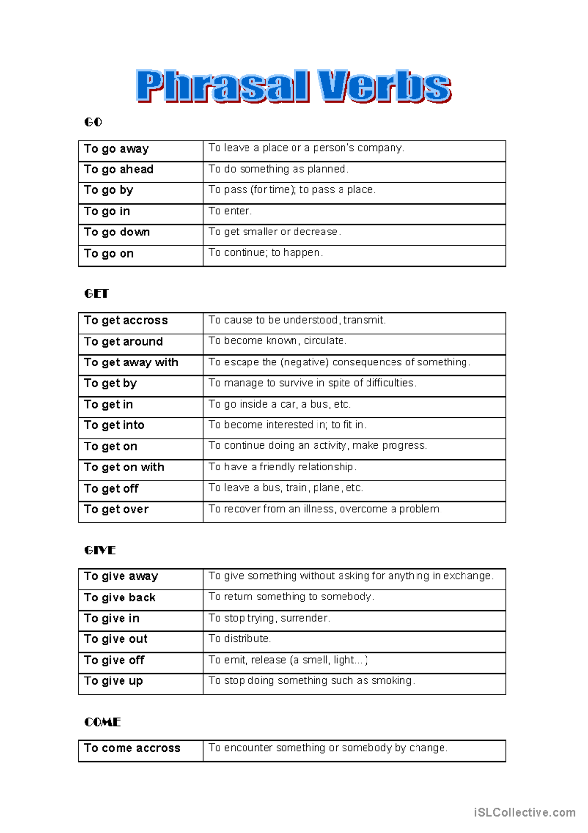 Phrasal Verbs by Groups-1 - GO To go away To leave a place or a person ...