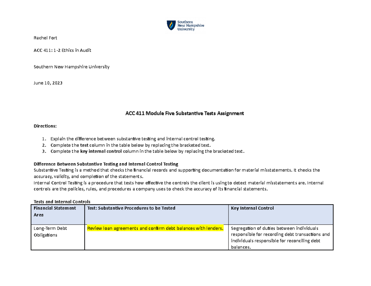 ACC 411 Module Five Substantive Tests - Complete The Test Column In The ...