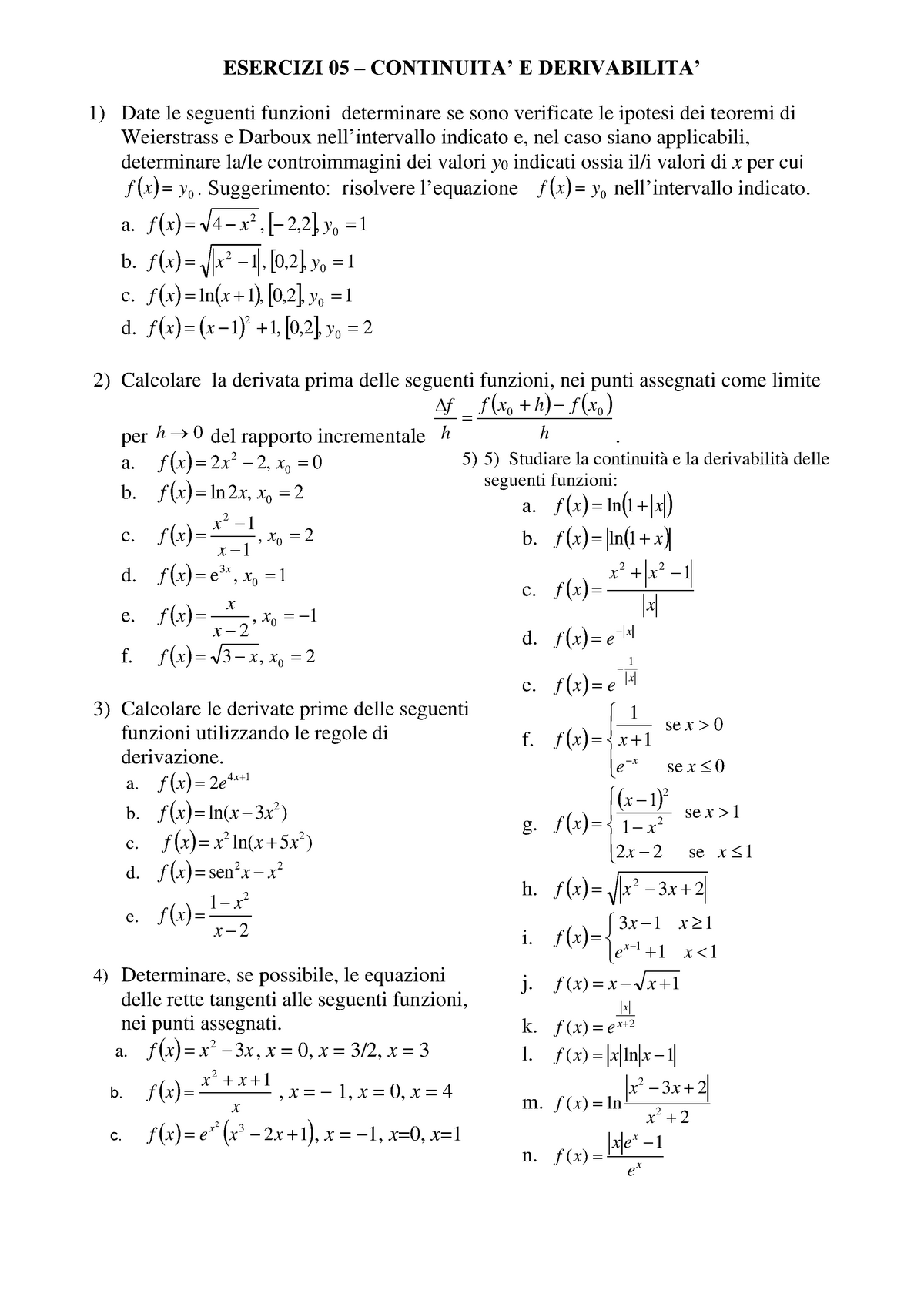 Esercizi Continuità Derivabilità Esercizi 05 Continuita E Derivabilita 1 Date Le Seguenti 8531