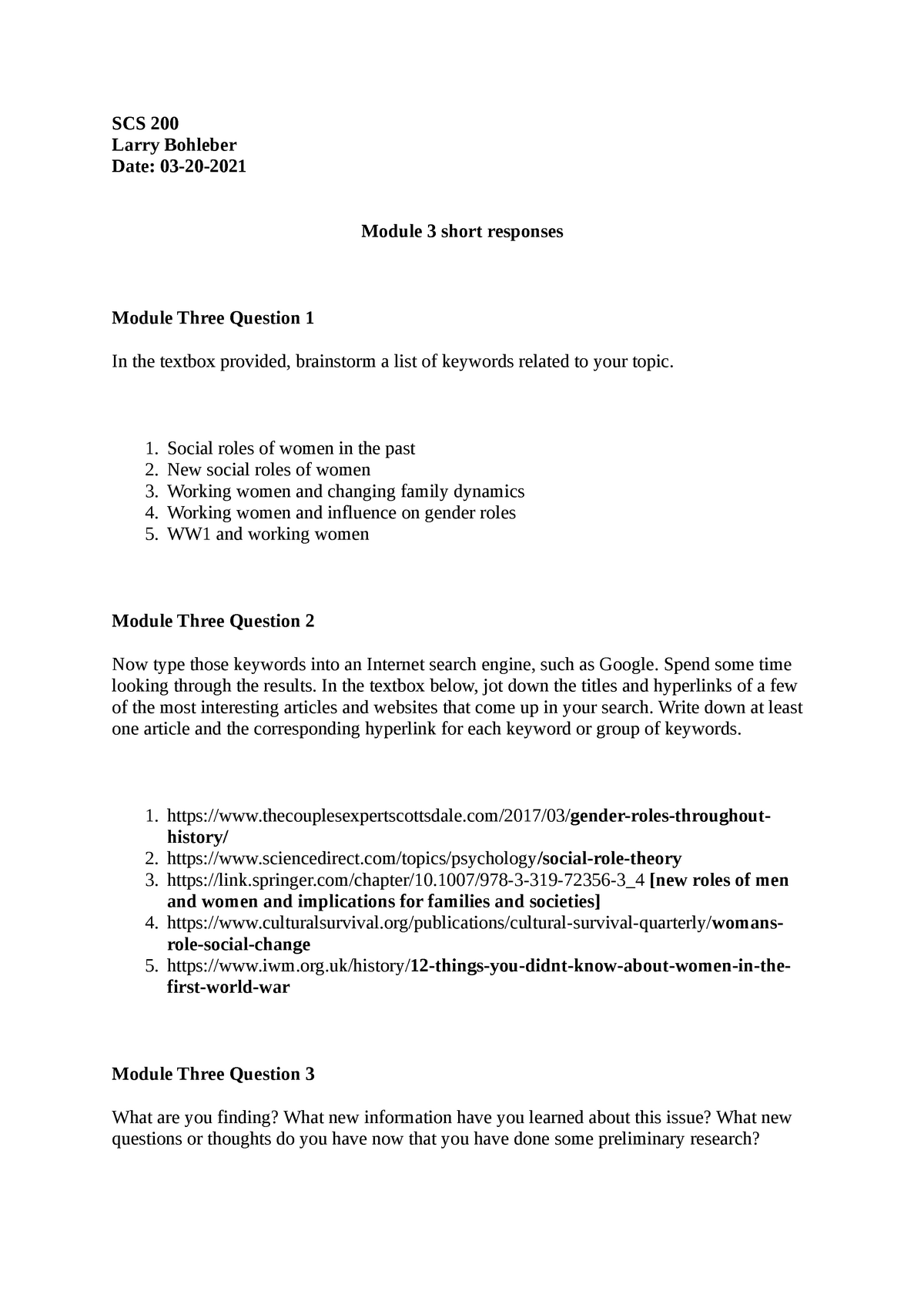 Scs 200 Module 3 Short Responses Scs 200 Larry Bohleber Date 03 20 Module 3 Short 5010