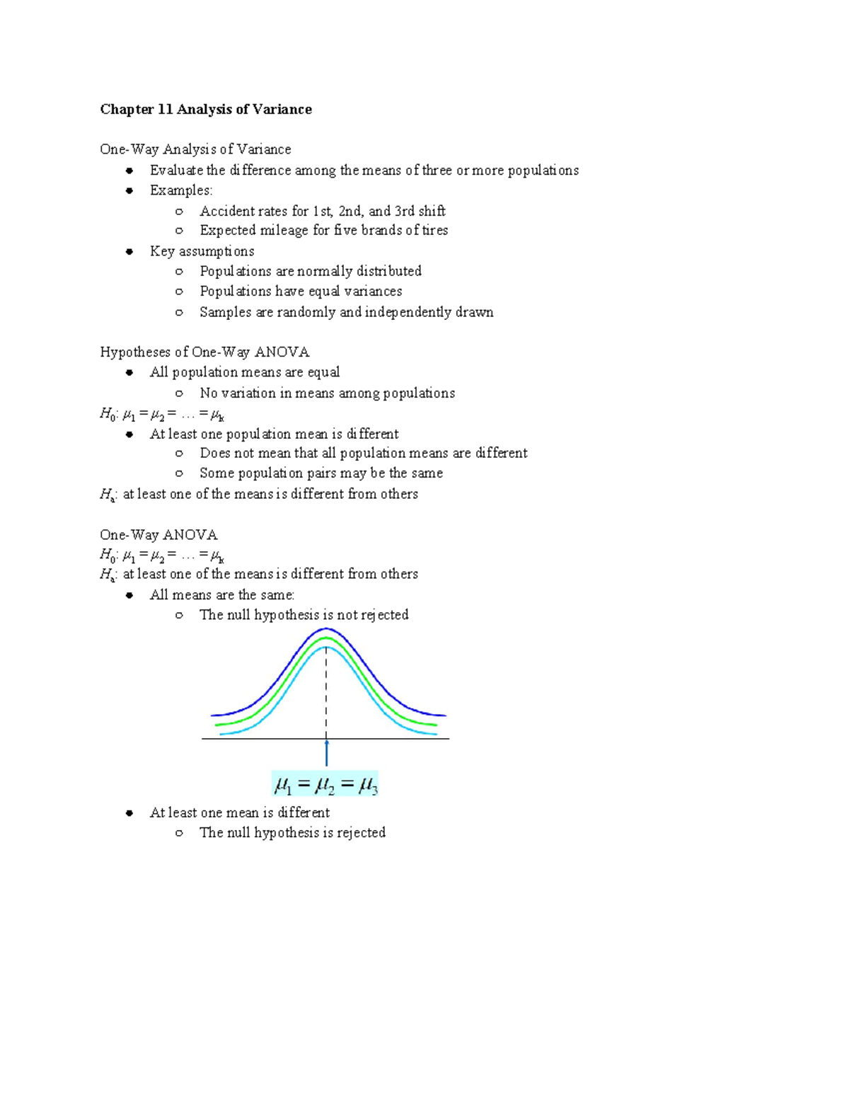 Lecture Notes - Chapter 11 Analysis of Variance One-Way Analysis of ...