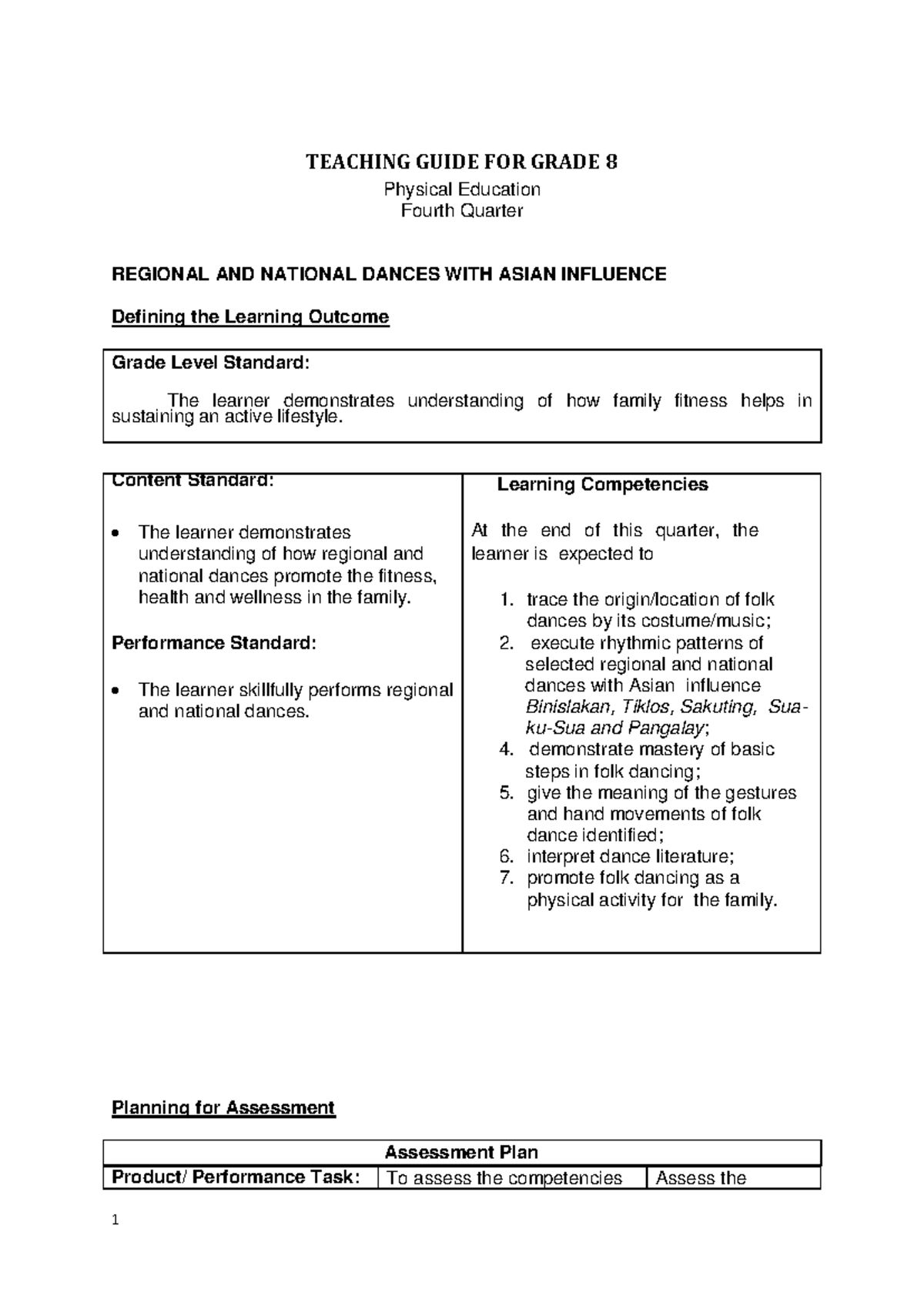 Pe tg 5 - TEACHING GUIDE FOR GRADE 8 Physical Education Fourth Quarter ...