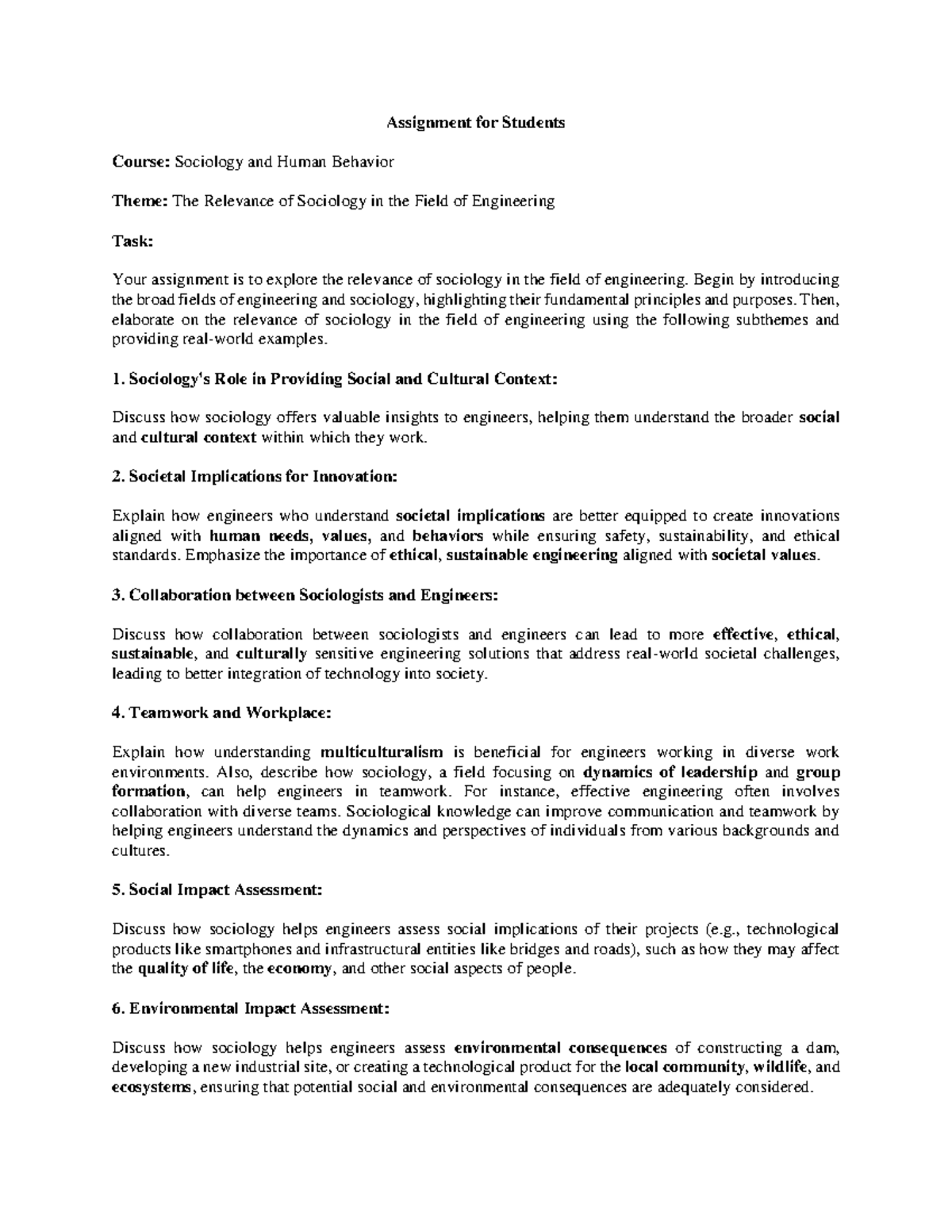 Assignment for Students - Assignment for Students Course: Sociology and ...