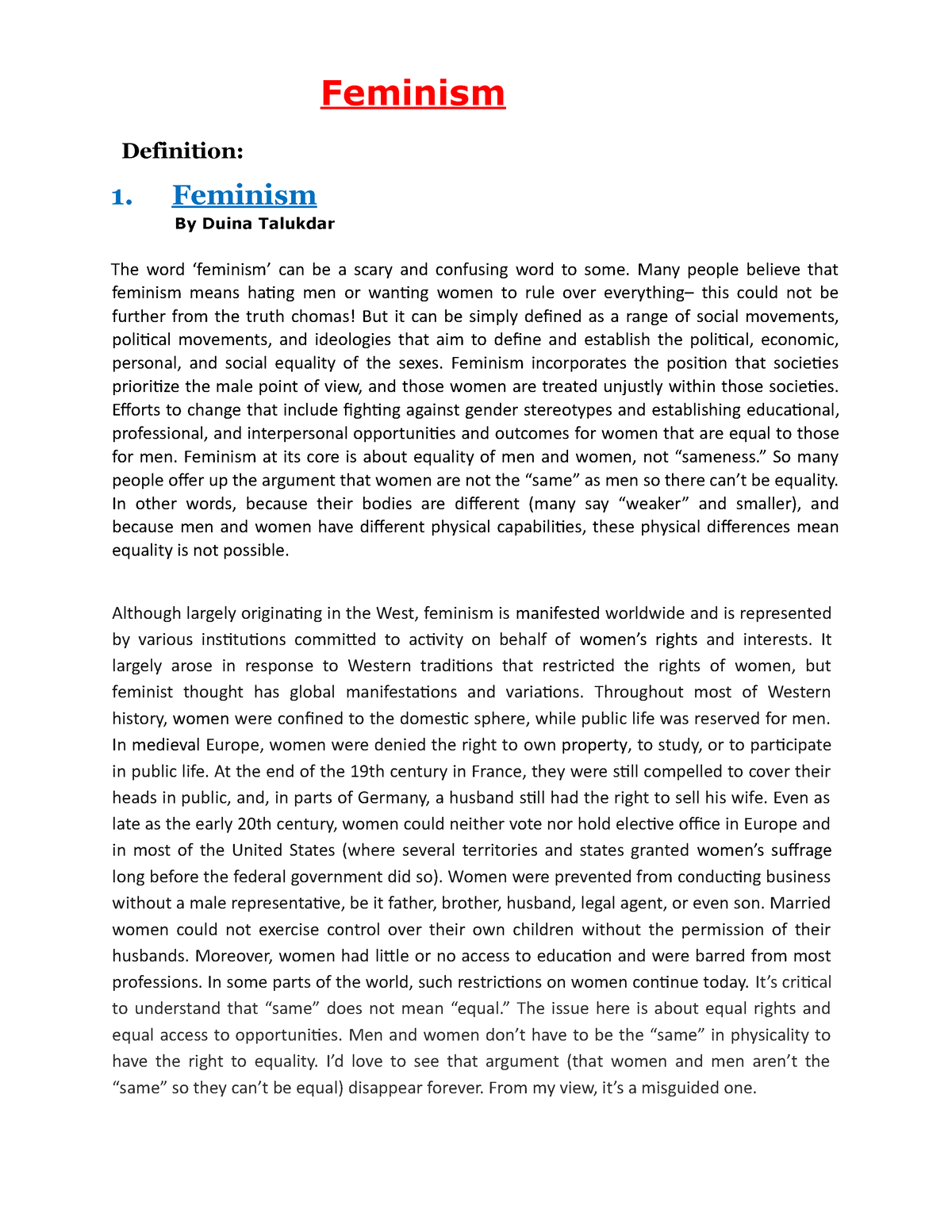 Feminism - Notes For Political - Feminism Definition: 1. Feminism By ...