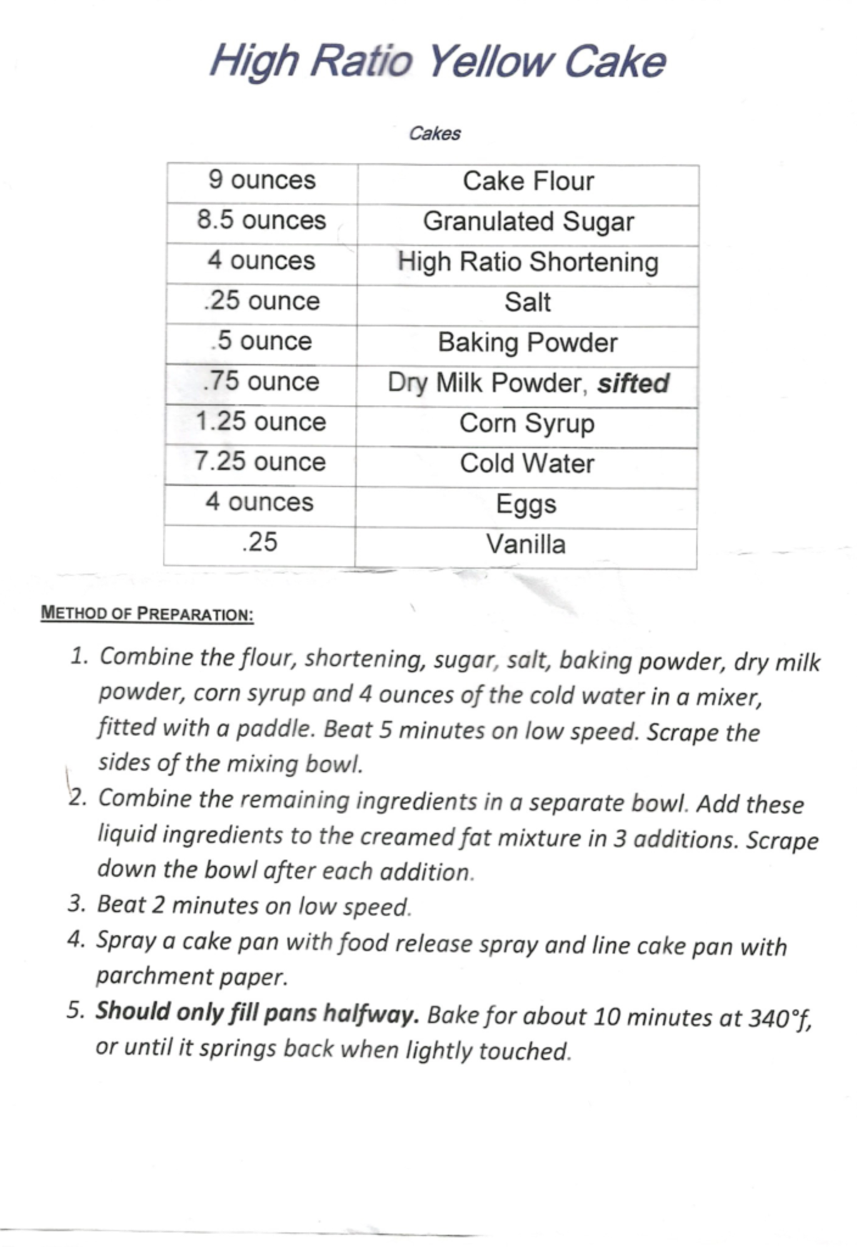 High Ratio Yellow Cake Recipe FSS 2247C Studocu