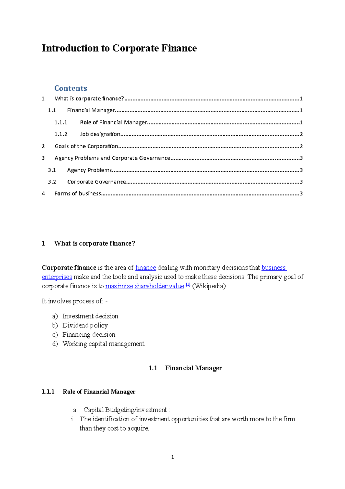 1.0 Introduction To Corporate Finance - Introduction To Corporate ...