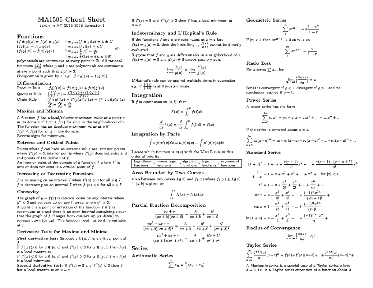 Ma1505 cheat - Summary Mathematics I - MA 1505 Cheat Sheet taken in AY ...