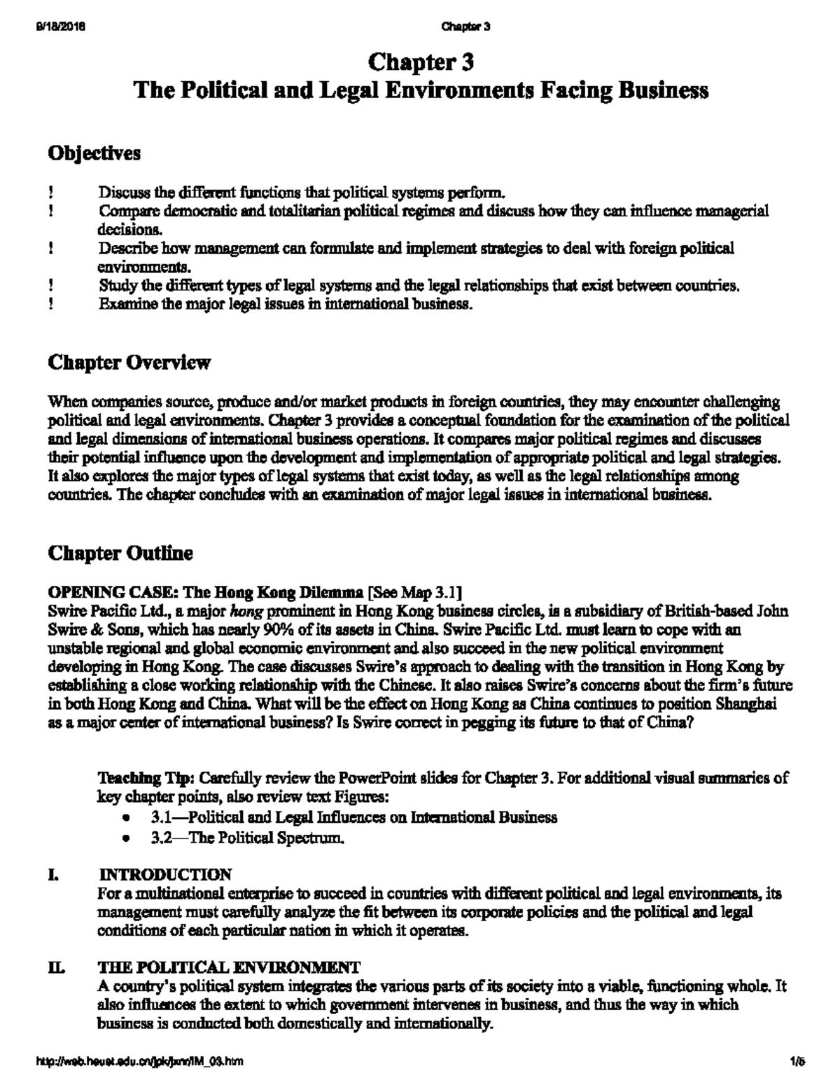 Chapter 3 - Chapter 3 Chapter 3 The Political and Legal Environments ...