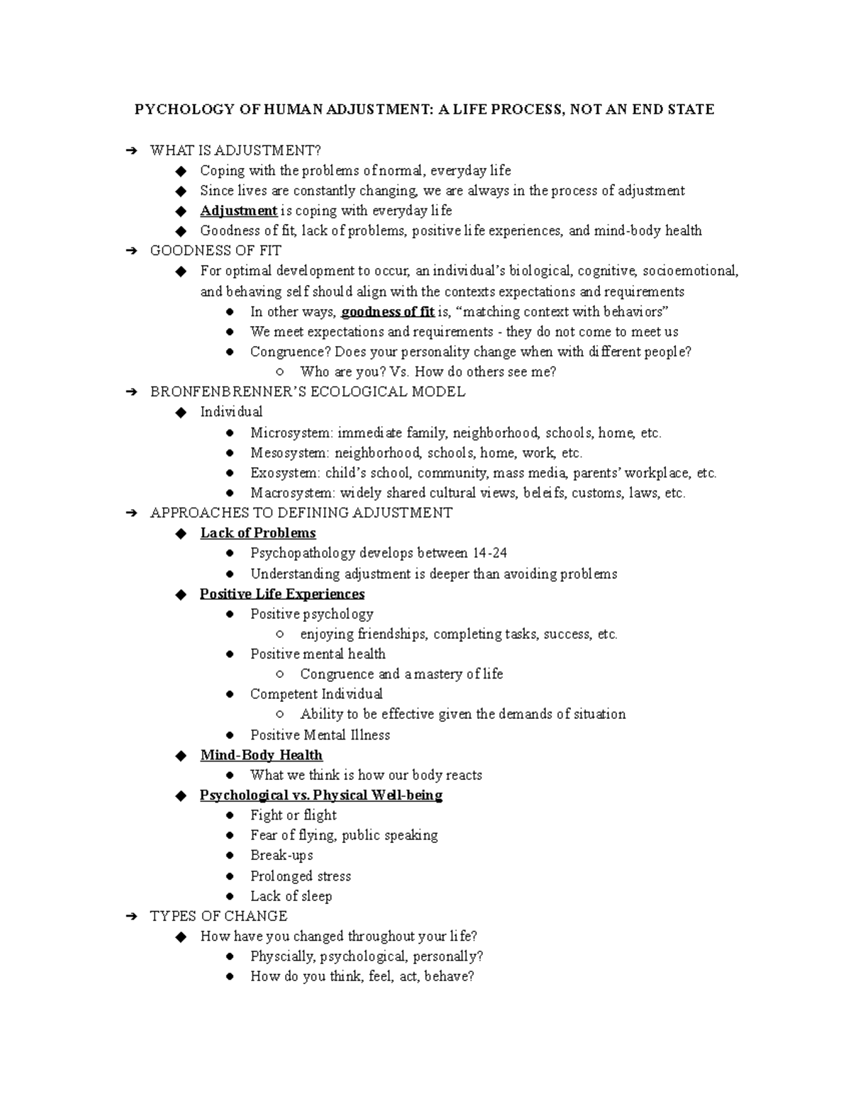 Human adjustment 1 lecture notes at the beginning of the class