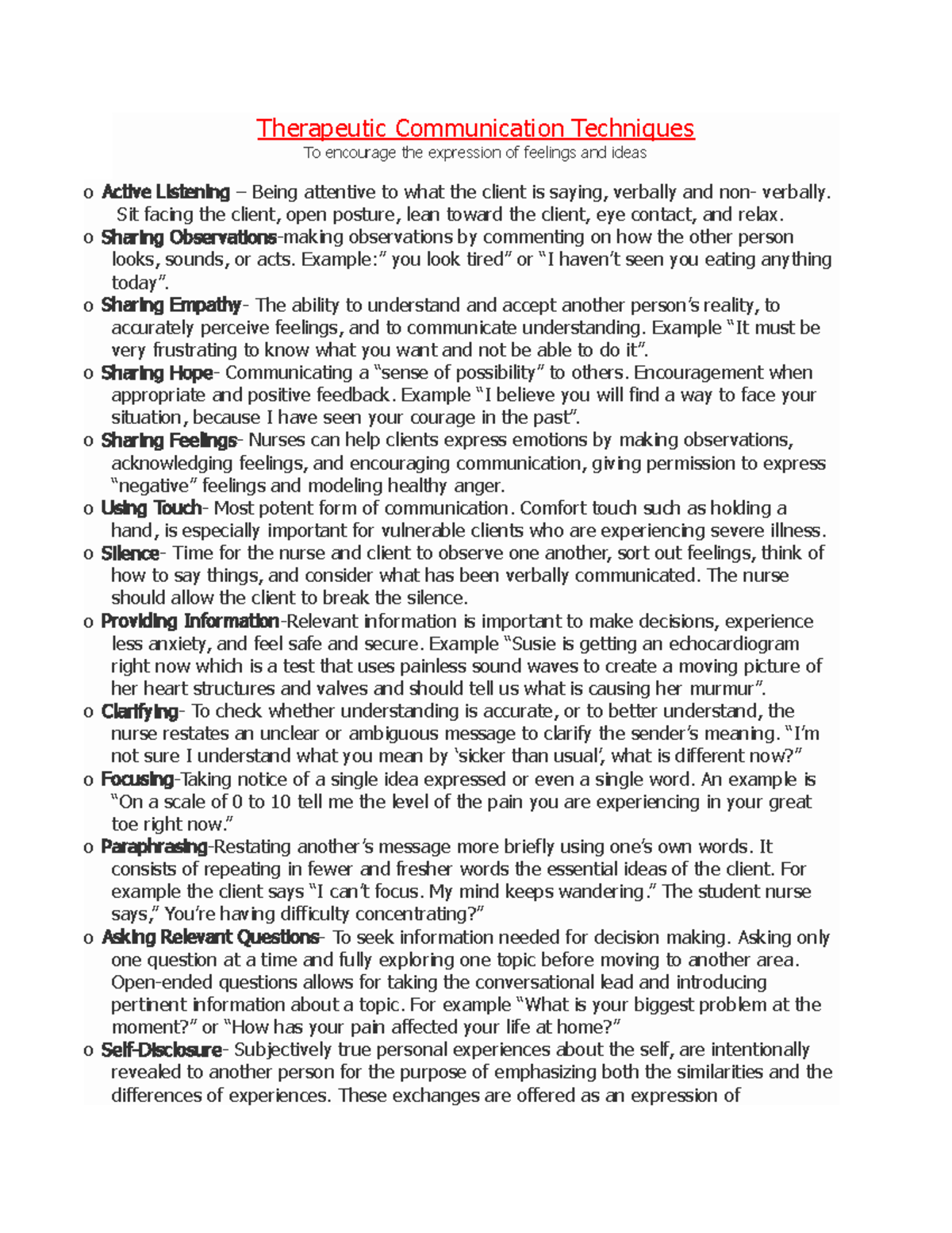 Therapeutic Communication Techniques List Resources Therapeutic