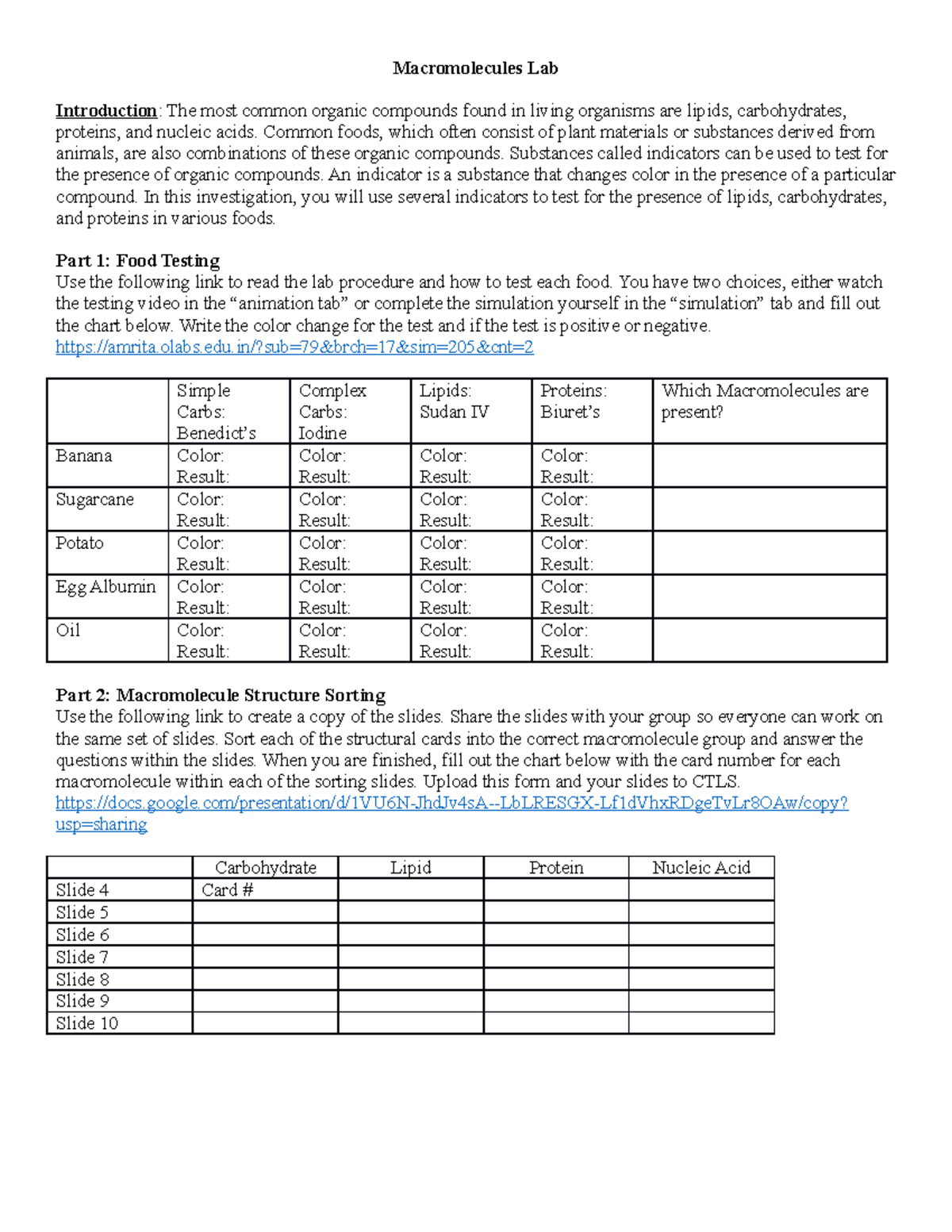 Macromolecules Lab Simulation Macromolecules Lab Introduction The