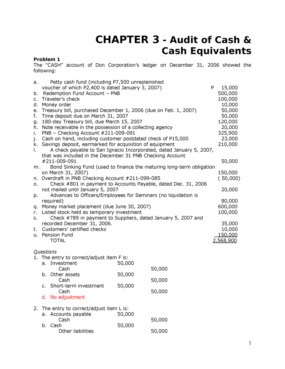 Chapter 3 Caselette Audit of Cash and Cash Equivalents CHAPTER 3