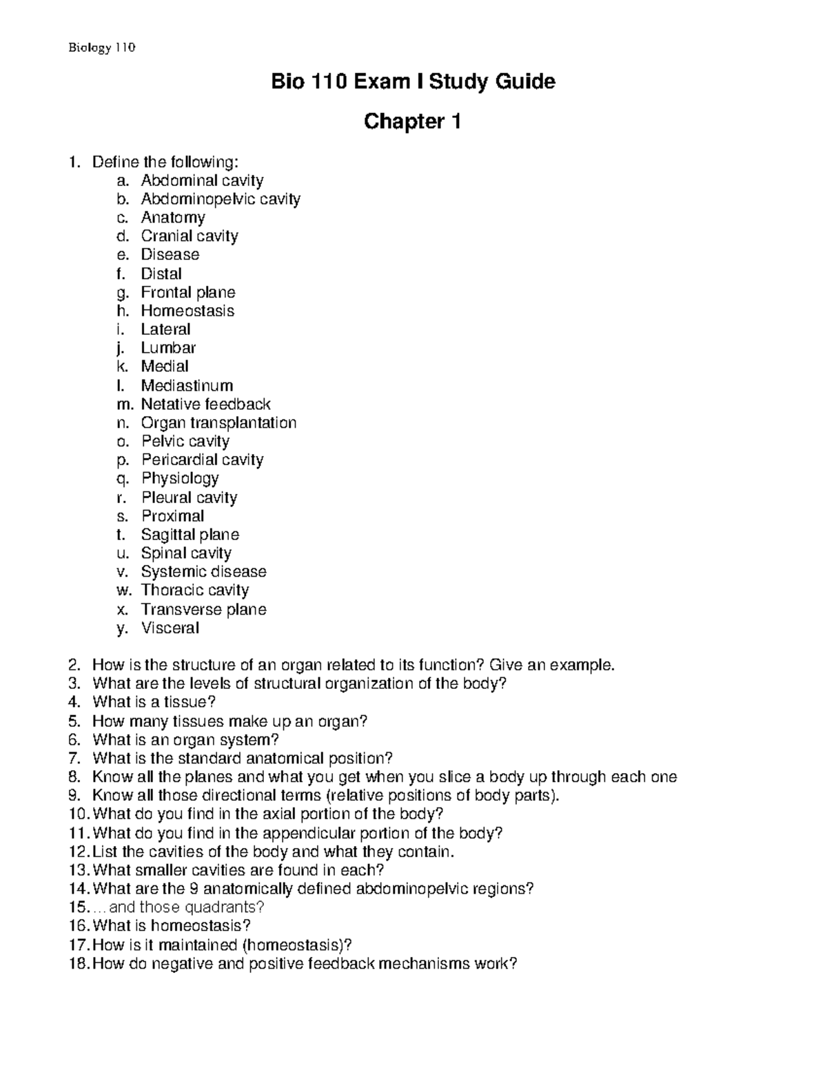 7443328 - Bio 110 study guide - Bio 110 Exam I Study Guide Chapter 1 ...