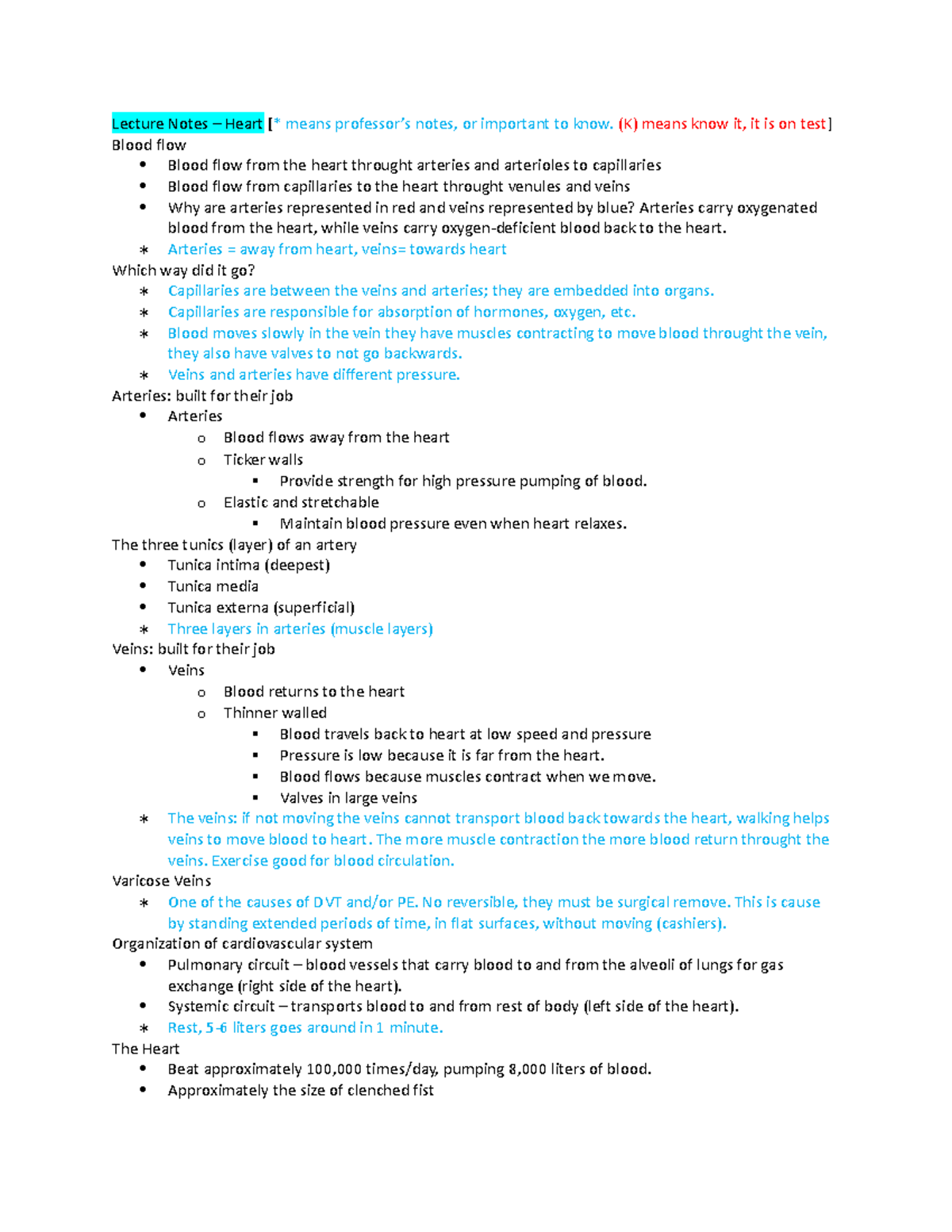BIO-202 Exam 2 Materials - Lecture Notes – Heart [* means professor’s ...