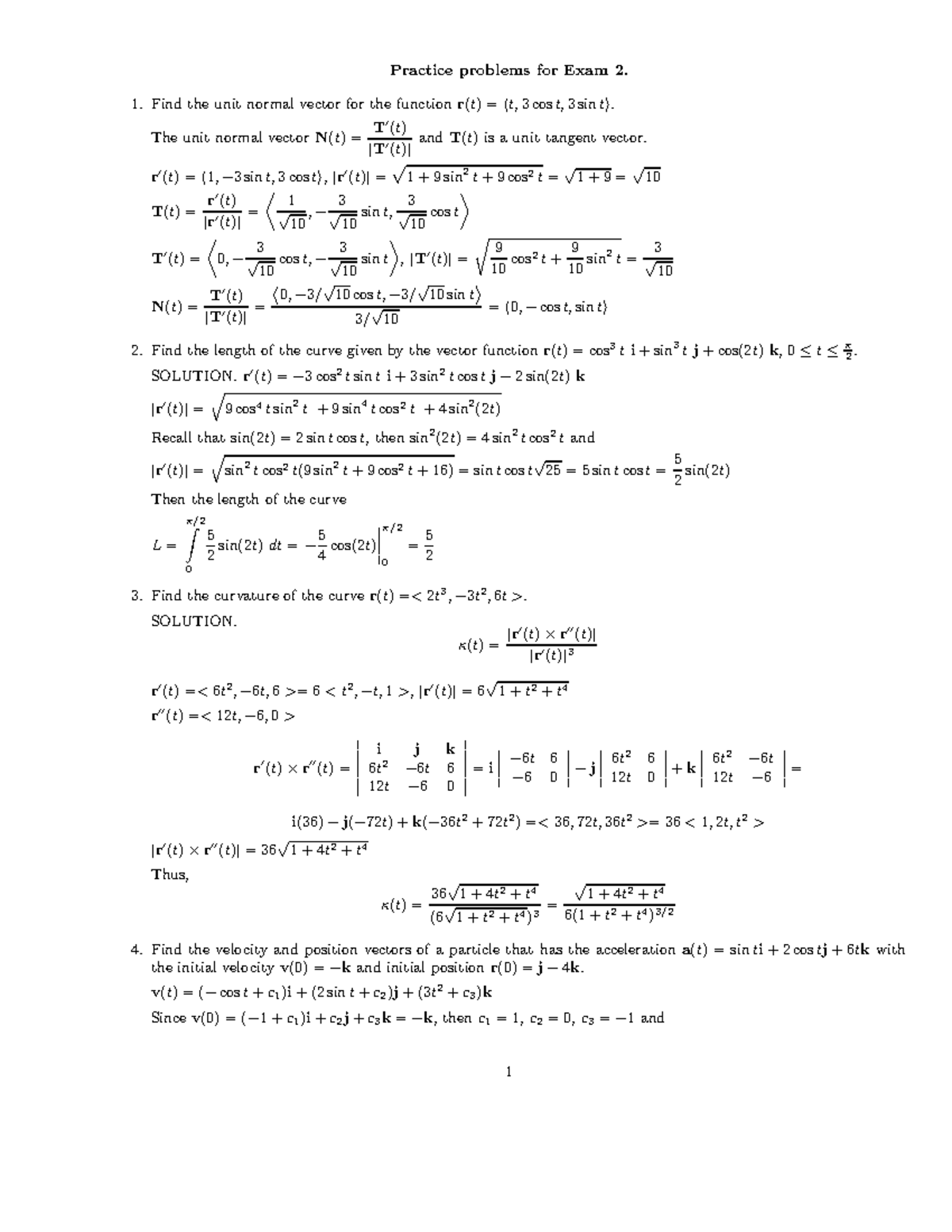 Cal 3 - Exam 2 (Solutions) - Practice problems for Exam 2. 1. Find the ...